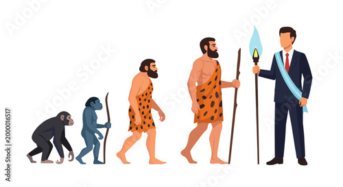 Human evolution stages vector illustration with monkey, ape, caveman, and modern man holding torch. History concept. Vector graphic design for education