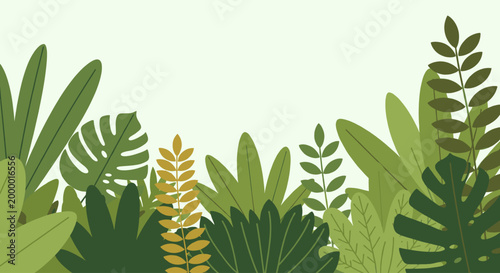 Lush green plant border with various tropical jungle leaf, botanical concept for nature background with copy space. Flat style vector illustration