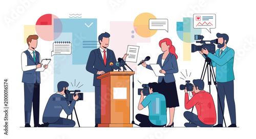 Man at podium with mics giving interview, surrounded by press and woman journalist. News, media, conference concept. Vector illustration for banner, website