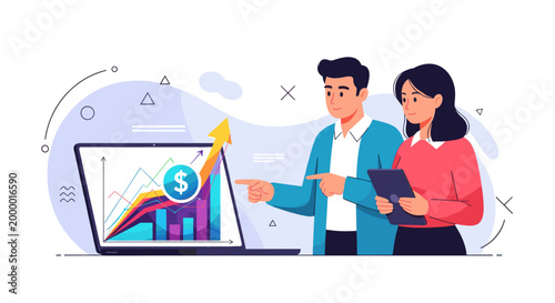 Man and woman discuss financial growth chart on laptop screen, business development and investment concept. Vector illustration for presentation