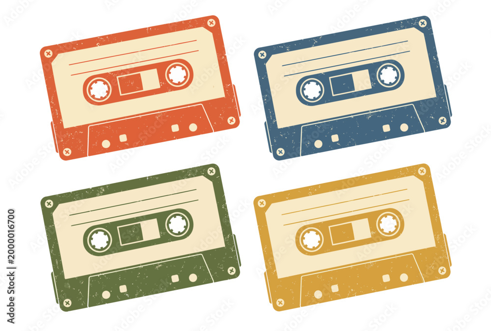 Naklejka premium Colorful illustration of four cassette tapes.