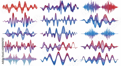 Set of sound wave forms and musical equalizer collection with audio technology concept. Abstract volume line vector illustration for design and background