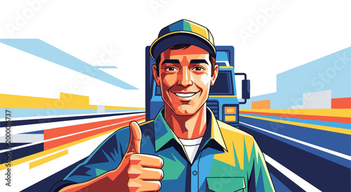 Smiling delivery man showing thumbs up in front of a truck on a stylized road. Express fast shipping service. Vector illustration