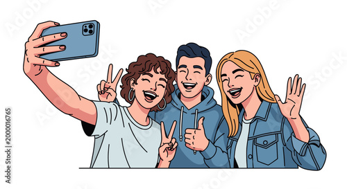 Three young people, two women and one man, taking a selfie together with a smartphone. Happy friends posing for a photo. Vector illustration