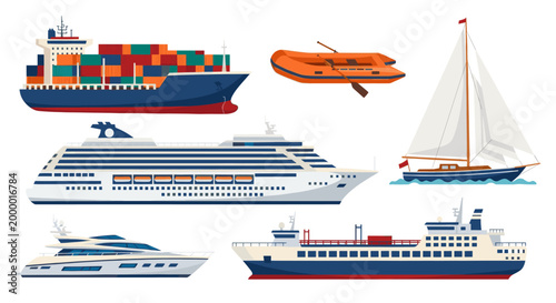 Various sea boat and ship, container, cruise, yacht, sailboat and inflatable dinghy set. Water transport vector illustration for transportation concept