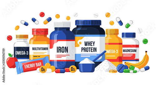 Sport nutrition supplement bottle and pill, whey protein powder, iron, magnesium, omega-3, multivitamin. Gym diet concept vector illustration