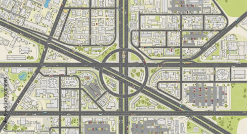 Aerial view of a complex urban road network with a large roundabout.