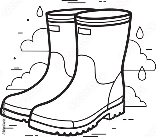 Rainy weather rubber boots illustration with raindrops and clouds