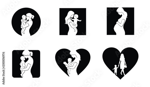 Six black and white depicting mother and child in various poses family