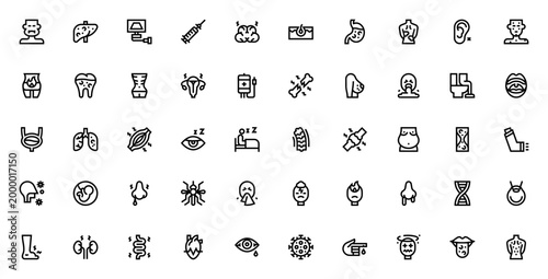 Diseases medical icon set. Health line vector pack. Includes symbols for face swelling, cirrhosis, ultrasound, HIV, mental disorder, allergy, acne, asthma, virus, fever, cough, headache and more.
