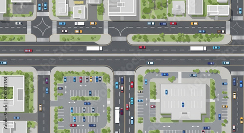 Aerial view of a busy city intersection with traffic and buildings.