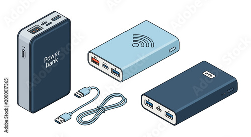 Illustration of portable power banks and USB cables on a white background