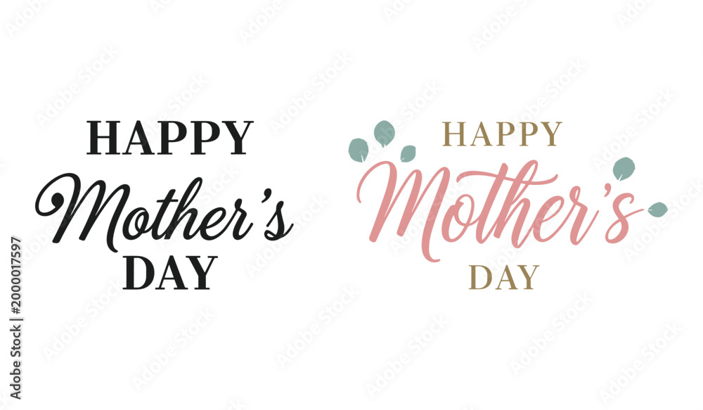 Fototapeta premium Happy mothers day text in black and pink cursive typography with green accents