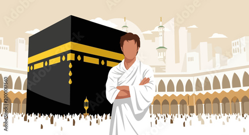 Illustration of a man in a white robe standing confidently in front of the Kaaba with a crowd of people and a cityscape in the background.