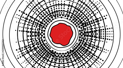 Abstract pop art volcano crater top view with bold red center, concentric contour lines and black halftone dot pattern