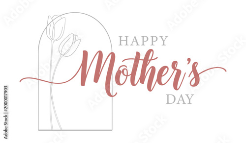 Happy mothers day text in red with line of two flowers in an arch mothersday lineart