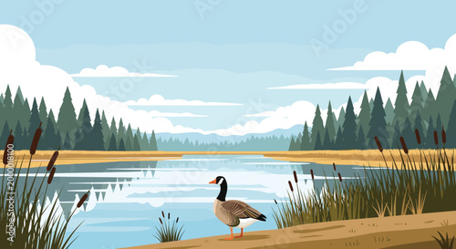 Canada goose standing on the bank of a peaceful river or lake with evergreen trees and clouds in a serene landscape illustration.