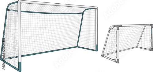 Soccer Goal Net Collection Featuring Football Goalposts with Nets in Perspective View for Sports Field, Training, and Game Equipment Design Concepts