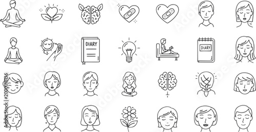 Mental Health Awareness and Psychological Therapy Thin Line Icon Set