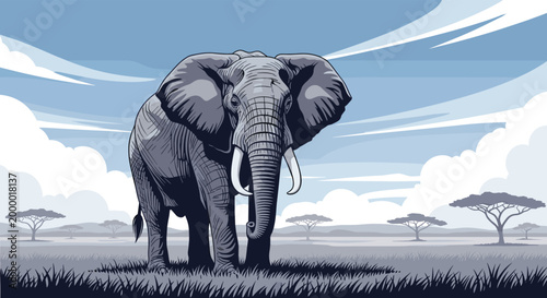 Majestic African elephant standing in the savanna landscape with acacia trees and clouds in a detailed vector illustration.