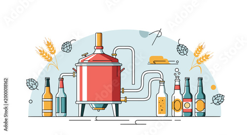 Brewery production line illustration showing a large brewing tank connected to various beer bottles with fresh hops and wheat.