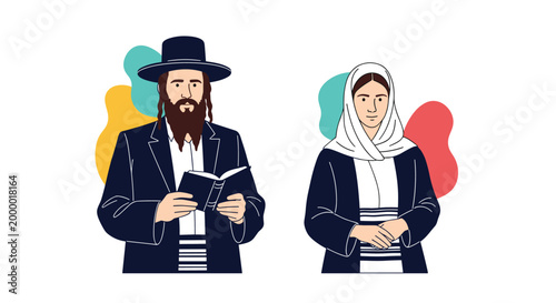Jewish man and woman in traditional clothing, with the man holding a book, set against abstract colorful shapes on a white background.