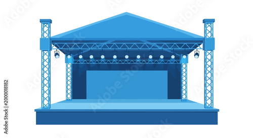 A blue stage with a roof and lighting truss system on a white background