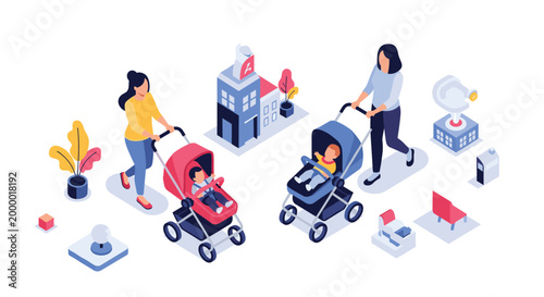 Isometric scene of mothers pushing baby strollers in an urban environment with small buildings, park elements, and child furniture.