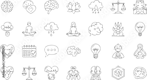 Mental Health Awareness and Psychological Therapy Thin Line Icon Set