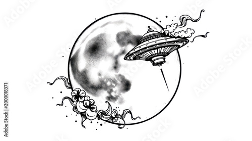 Futuristic Alien Spacecraft Hovering Near Mysterious Dark Planet Digital Art Background