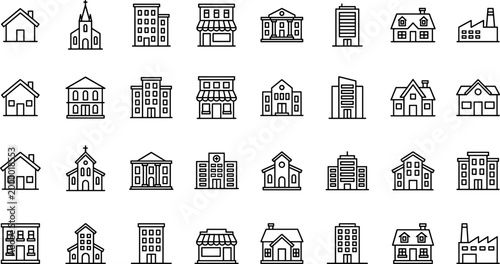 Building and real estate outline icon set for city architecture and urban property development interface.