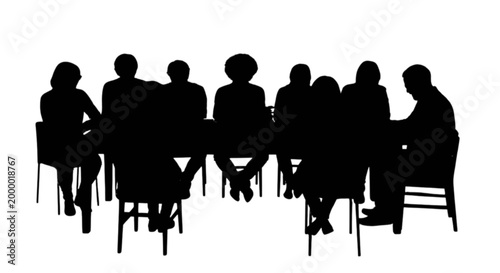 Silhouette group meeting around table isolated on transparent background, Vector
