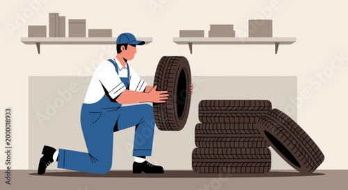 Mechanic kneeling and holding a tire in a workshop with stacked tires and tools.
