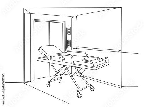 Hospital stretcher in front of elevator. Continuous one line drawing vector illustration. Medical equipment and emergency transport concept