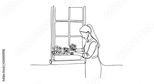Woman tending plants one line drawing. Indoor gardening and spring hobby concept. Continuous line vector illustration isolated on white background