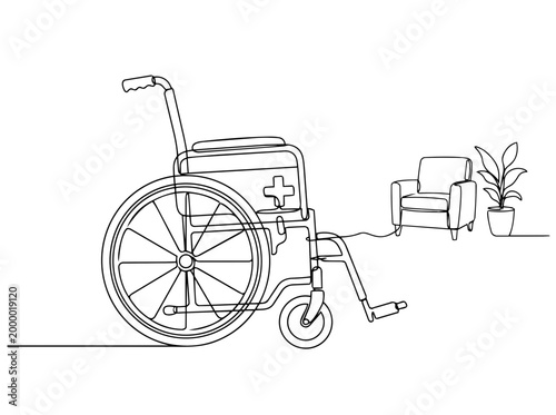 Wheelchair in room interior line art. Disability and healthcare equipment concept. Continuous one line vector illustration