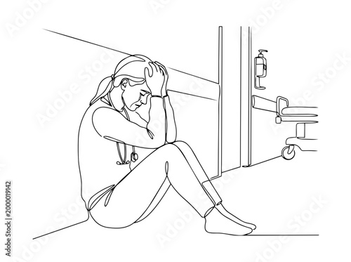 Stressed female doctor sitting on hospital floor. Medical burnout and mental health concept. Continuous line art vector illustration