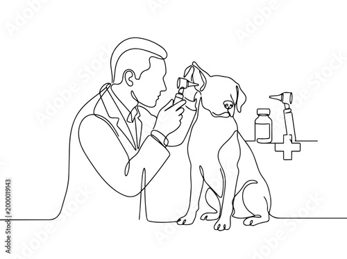 Veterinarian examining dog ear line art. Pet checkup and medicine concept. Continuous one line vector illustration