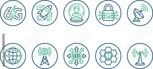 Future 6G technology and quantum security outline icon set for global communication and networking.