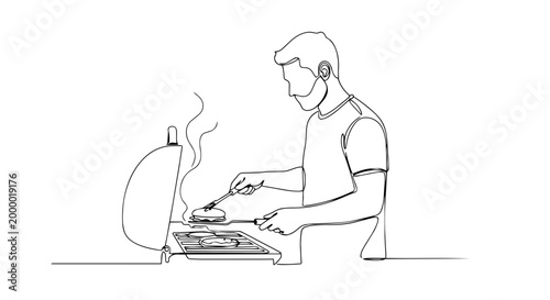 Man grilling burgers on a barbecue. One line drawing vector illustration. Minimalist outdoor cooking and lifestyle concept