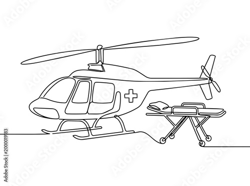 Continuous line drawing of a rescue helicopter and medical stretcher. Emergency air ambulance transport concept. Minimalist vector illustration