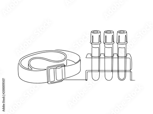 Medical tourniquet and blood test tubes. Continuous one line drawing vector illustration