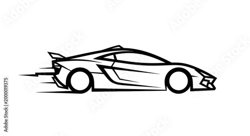 Black line drawing of a speeding sports car with motion lines on a white background.