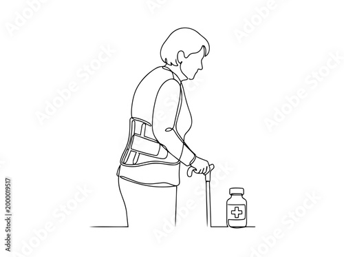 Senior woman with back brace and cane. Continuous one line drawing vector illustration. Elderly healthcare and orthopedic treatment concept