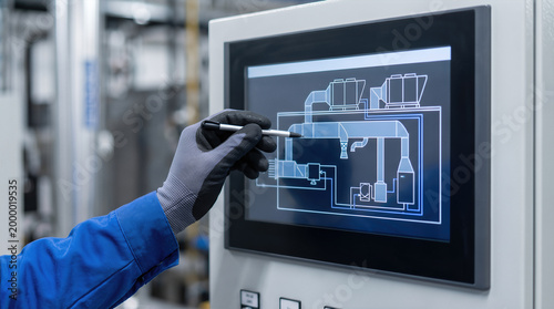 Gloved technician using stylus on industrial hmi touchscreen panel with machinery schematic diagram in factory. Automation scada control system engineering and production plant maintenance operation