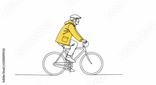 Person riding bicycle in yellow raincoat continuous one line drawing. Minimalist cycling vector illustration