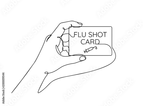 Hand holding flu shot card line art. Vaccination record continuous one line drawing vector illustration