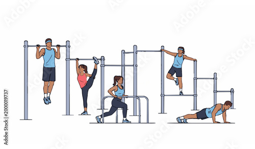 Active people exercising at modern outdoor gym park with pull up bars and fitness training vector illustration