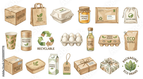 Eco packaging vector collection with cardboard boxes, paper bags, cups, jars, egg cartons, bottles, recycle symbols and biodegradable product labels.