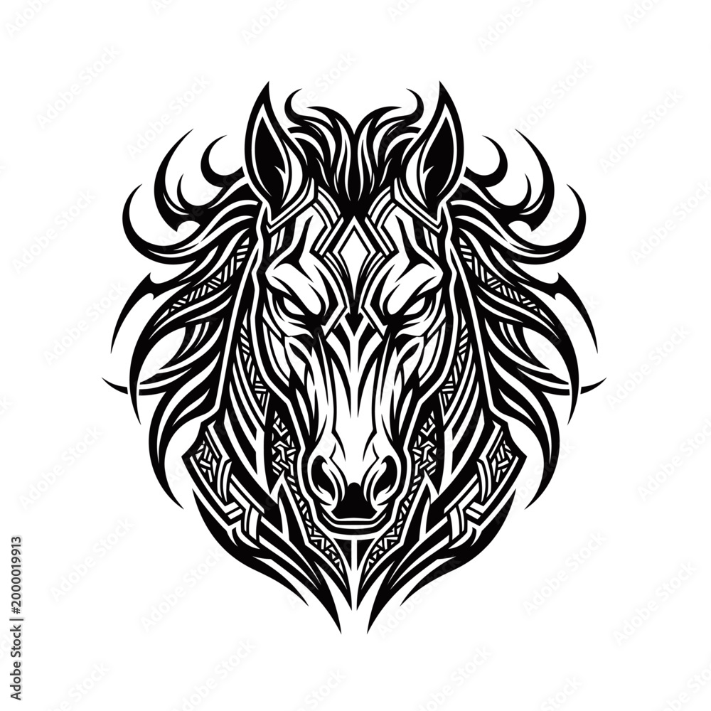 Fototapeta premium Intricate black and white tribal horse head illustration with detailed geometric patterns and a fierce expression, stylized mane.